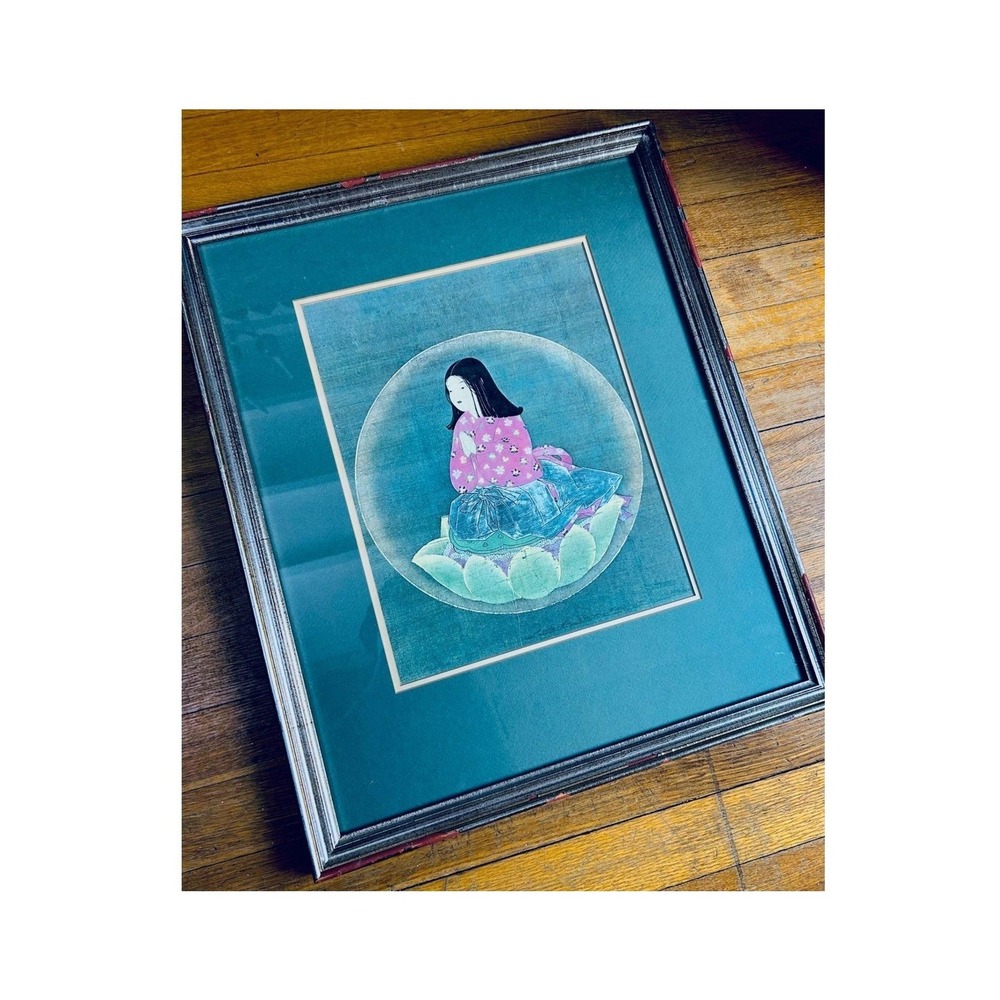 Japanese Chigo Daishi As A Child Framed Print 23" Buddhist Lotus Artwork 23in